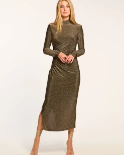 Ramy Brook Amarilys Mock Neck Midi Dress Goldknit New