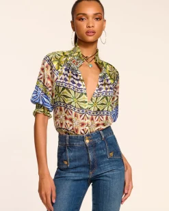 Ramy Brook Chela Silk V-Neck Puff Sleeve Blouse Bluemulti Online