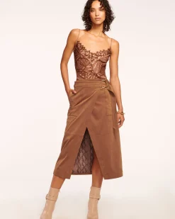 Ramy Brook Delphia Faux Suede Midi Skirt Saddle New