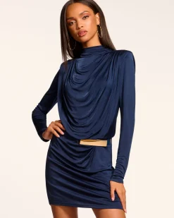 Ramy Brook Dorina Draped Jersey Belted Dress Navy New