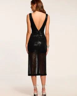 Ramy Brook Eli Beaded V-Neck Midi Dress Blackmesh Sale