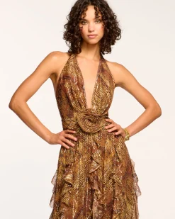 Ramy Brook Emerance Plunging Halter Gown Goldanimal Fashion