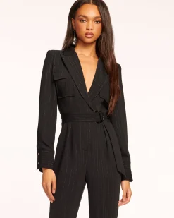 Ramy Brook James Long Sleeve V-Neck Jumpsuit Blackstripe Sale