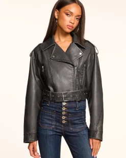 Ramy Brook Layana Faux Leather Motorcycle Jacket Black New