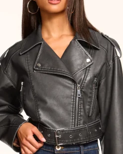 Ramy Brook Layana Faux Leather Motorcycle Jacket Black New