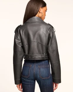 Ramy Brook Layana Faux Leather Motorcycle Jacket Black New