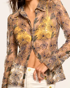 Ramy Brook Leda Sheer Embellished Long Sleeve Top Floralsequin Outlet