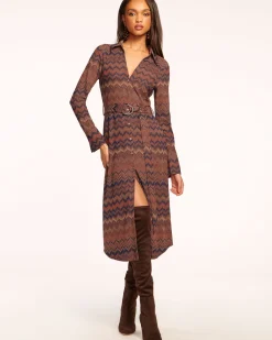 Ramy Brook Lydia Long Sleeve Belted Midi Dress Saddlechevron Outlet