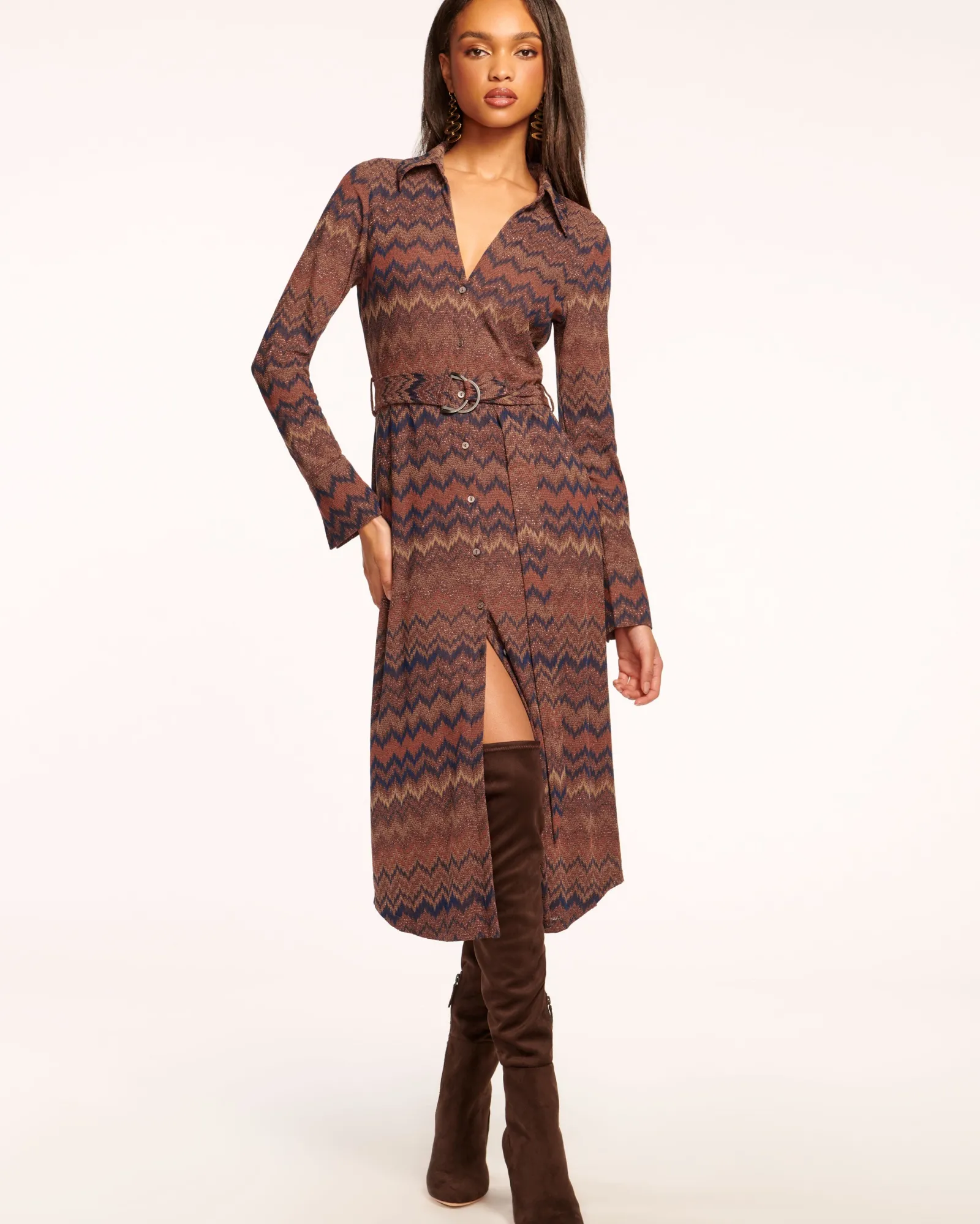 Ramy Brook Lydia Long Sleeve Belted Midi Dress Saddlechevron Outlet