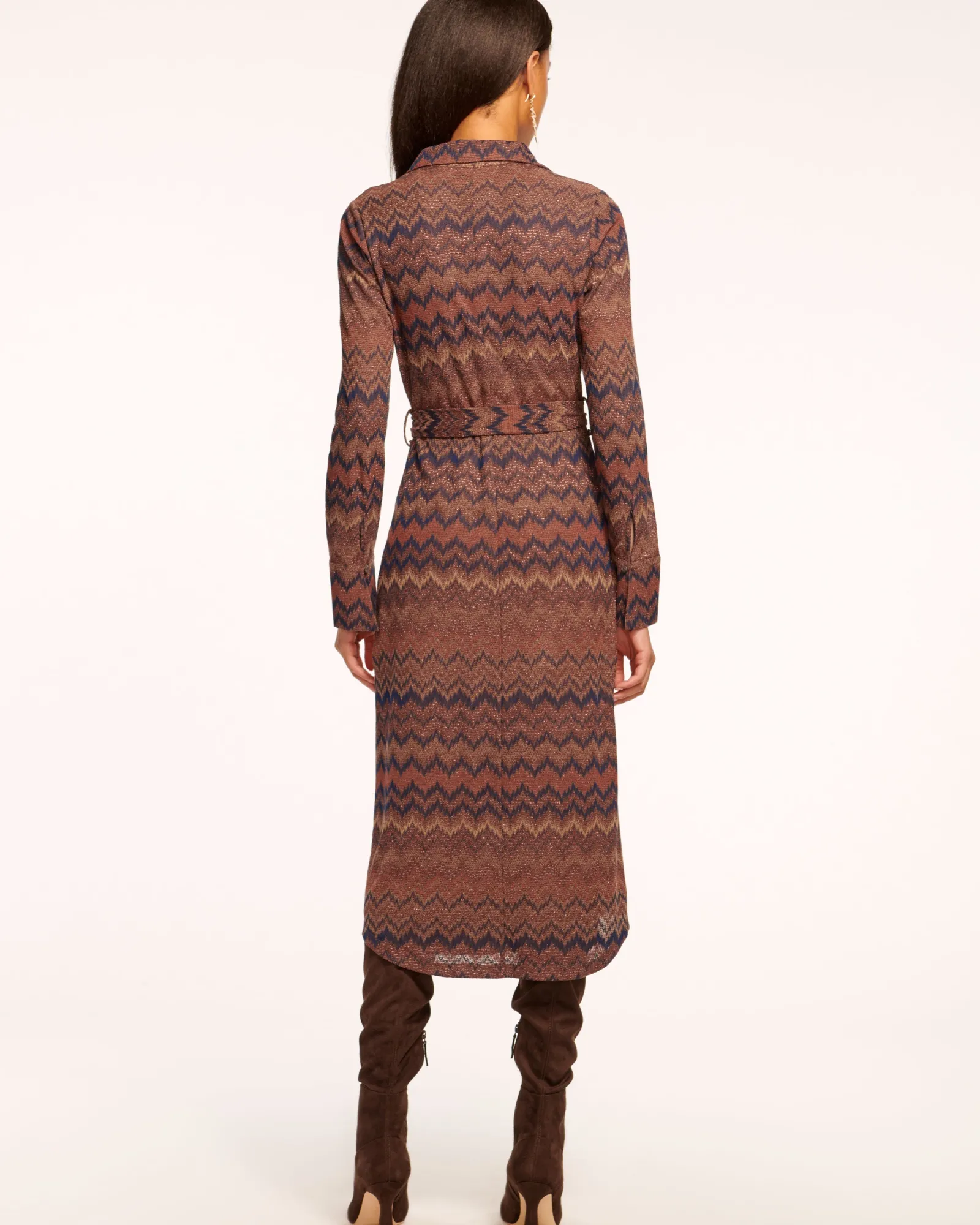Ramy Brook Lydia Long Sleeve Belted Midi Dress Saddlechevron Outlet