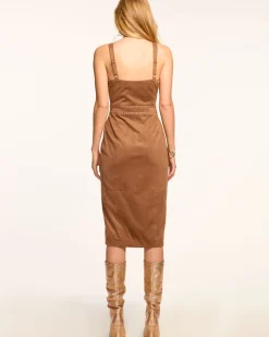 Ramy Brook Margery Faux Suede V-Neck Midi Dress Saddle New