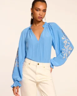 Ramy Brook Nelida Embellished Long Sleeve Blouse Ribbonblue New