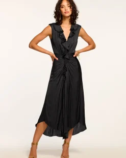Ramy Brook Olive Ruffle V-Neck Midi Dress Clearance
