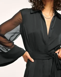 Ramy Brook Phoebe Sheer Long Sleeve Shirt Dress Black Clearance