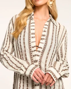 Ramy Brook Roman Coverup Button Down Top Brownstripe Clearance