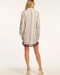 Ramy Brook Roman Coverup Button Down Top Brownstripe Clearance