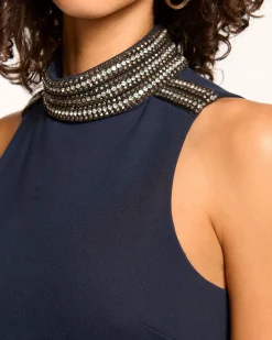 Ramy Brook Ruth Embellished Turtleneck Tank Top Navy Sale