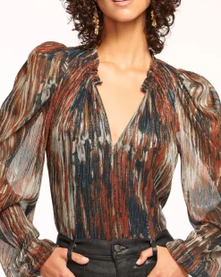 Ramy Brook Sukie V-Neck Puff Sleeve Blouse Saddleknit Best