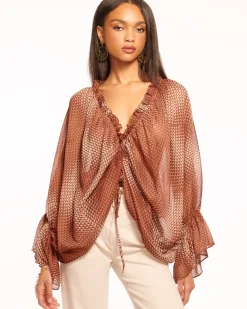 Ramy Brook Susanna Ruched V-Neck Blouse Saddlegeo New