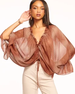 Ramy Brook Susanna Ruched V-Neck Blouse Saddlegeo New