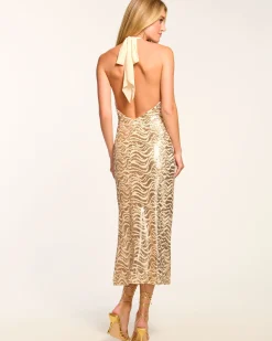 Ramy Brook Tereza Sequin Halter Midi Dress Goldswirl Online