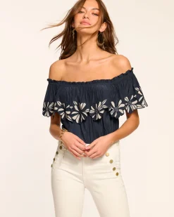 Ramy Brook Terri Embellished Off-The-Shoulder Top Navy Fashion