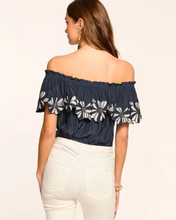 Ramy Brook Terri Embellished Off-The-Shoulder Top Navy Fashion