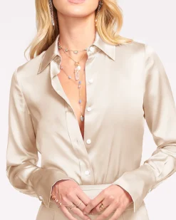 Ramy Brook Victoria Silk Button Down Blouse Sandstone Fashion