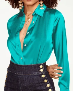 Ramy Brook Victoria Silk Button Down Blouse Discount